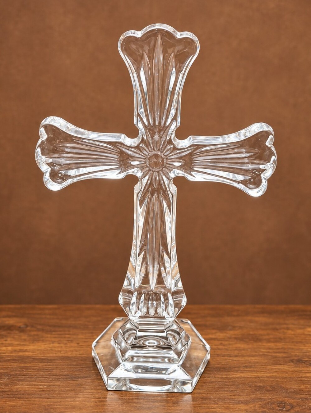 Vintage 9" Clear Glass Crystal Standing Cross Pedestal Religious Christian Decor